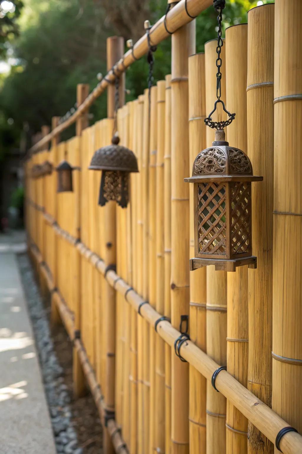 Elevate your outdoor space with a handcrafted bamboo fence adorned with artistic wind chimes and lanterns.