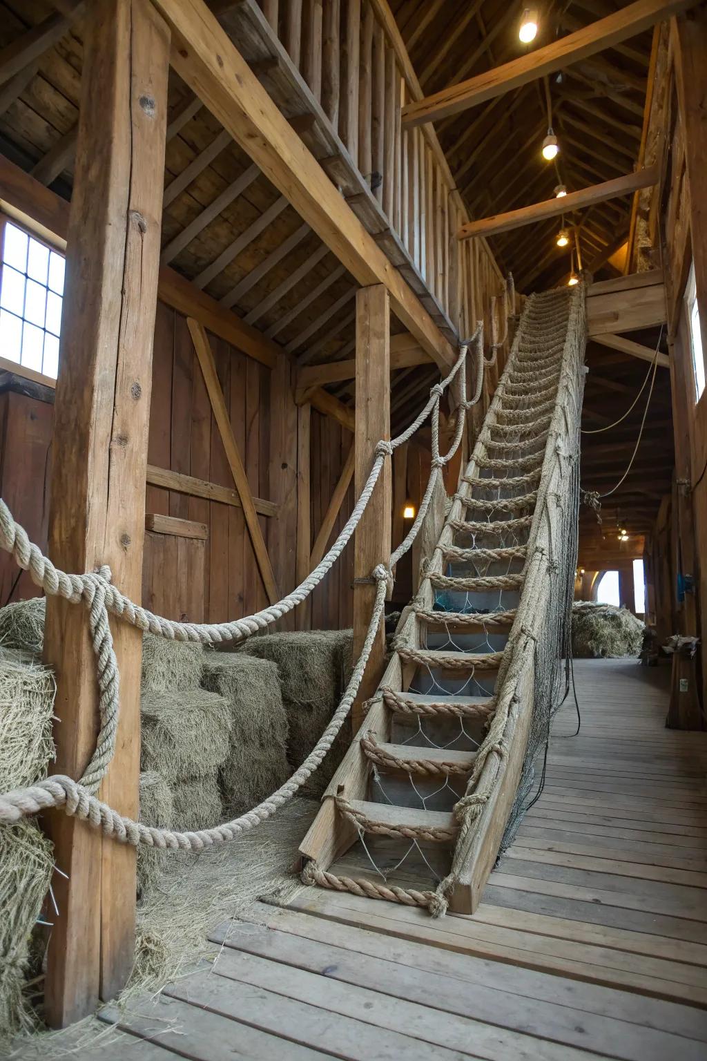 A rope bridge design adds whimsy and adventure to barn stairs.