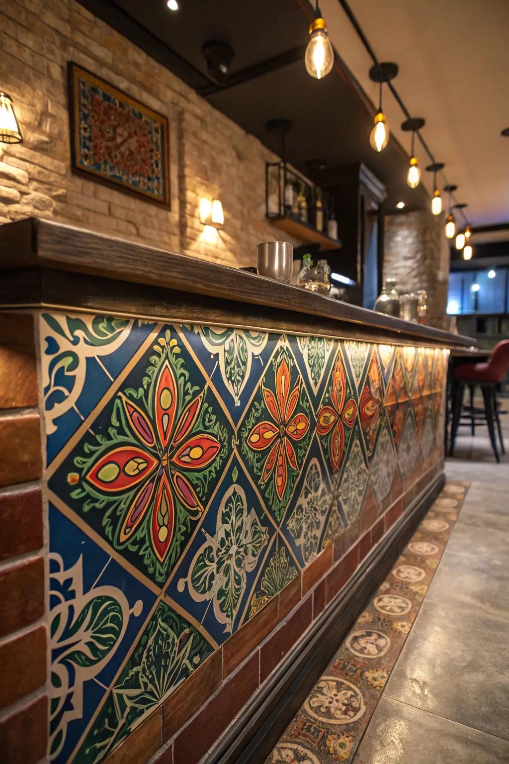 Elevate your basement bar with a touch of artistry—discover the charm of handcrafted tiles.