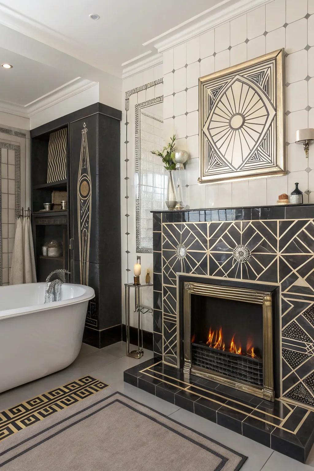 Art Deco fireplace adding glamour and artistic flair.