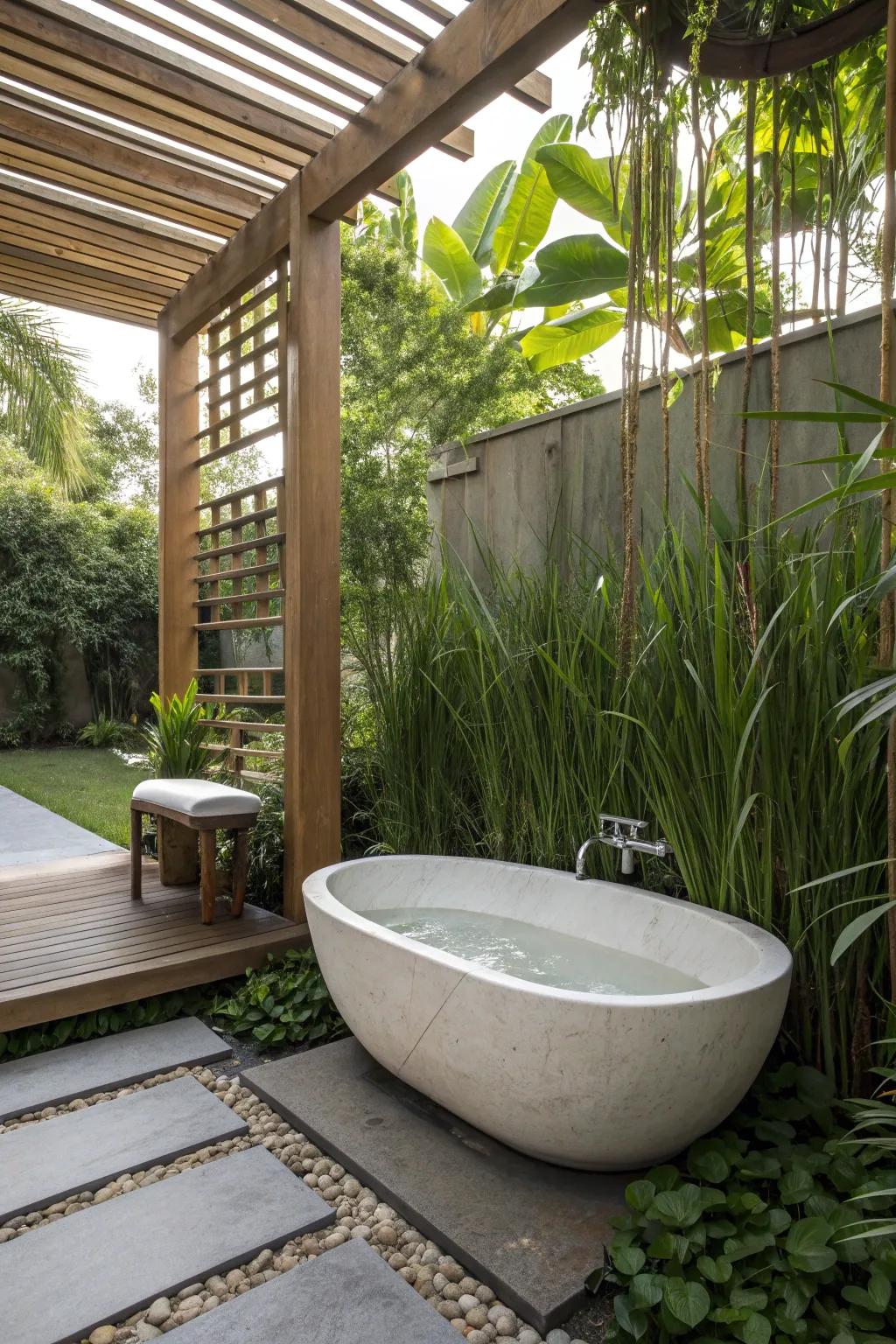 Discover your own secret garden hideaway: a minimalist bathtub pond surrounded by nature's embrace.