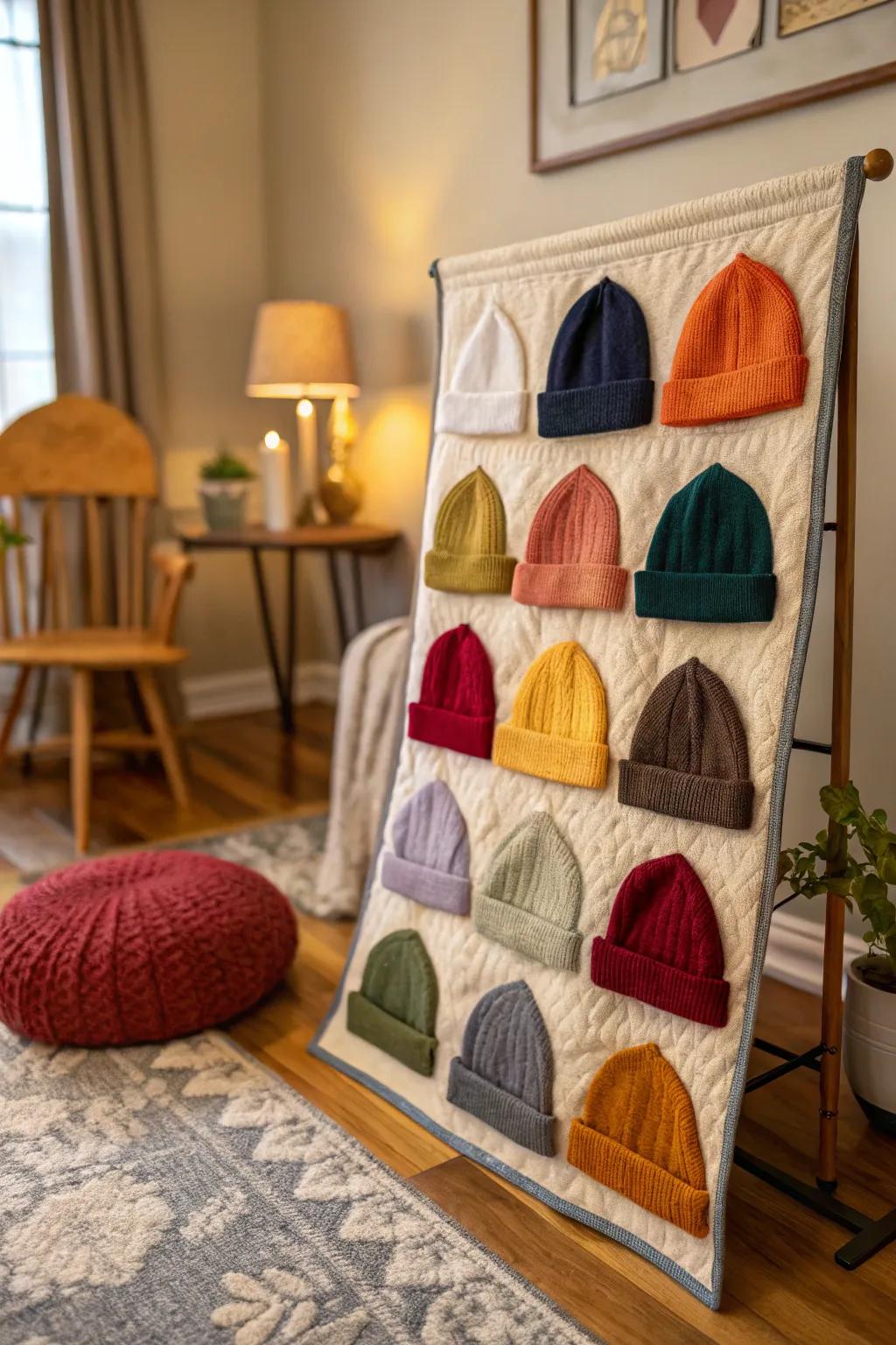 A quilted beanie wall adds warmth and texture to your space.