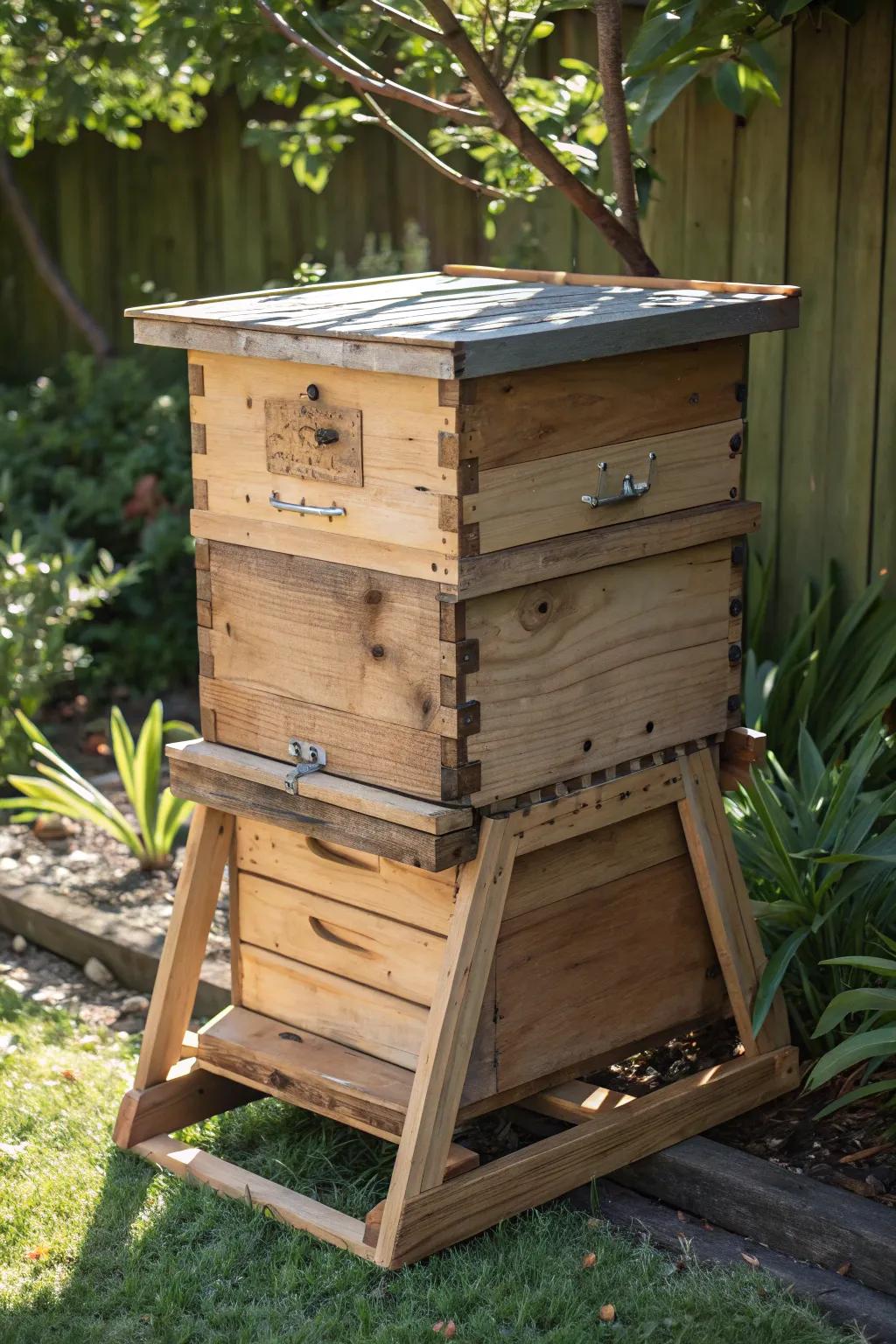Master the art of beekeeping on the move with this handcrafted hinged folding bee hive stand.