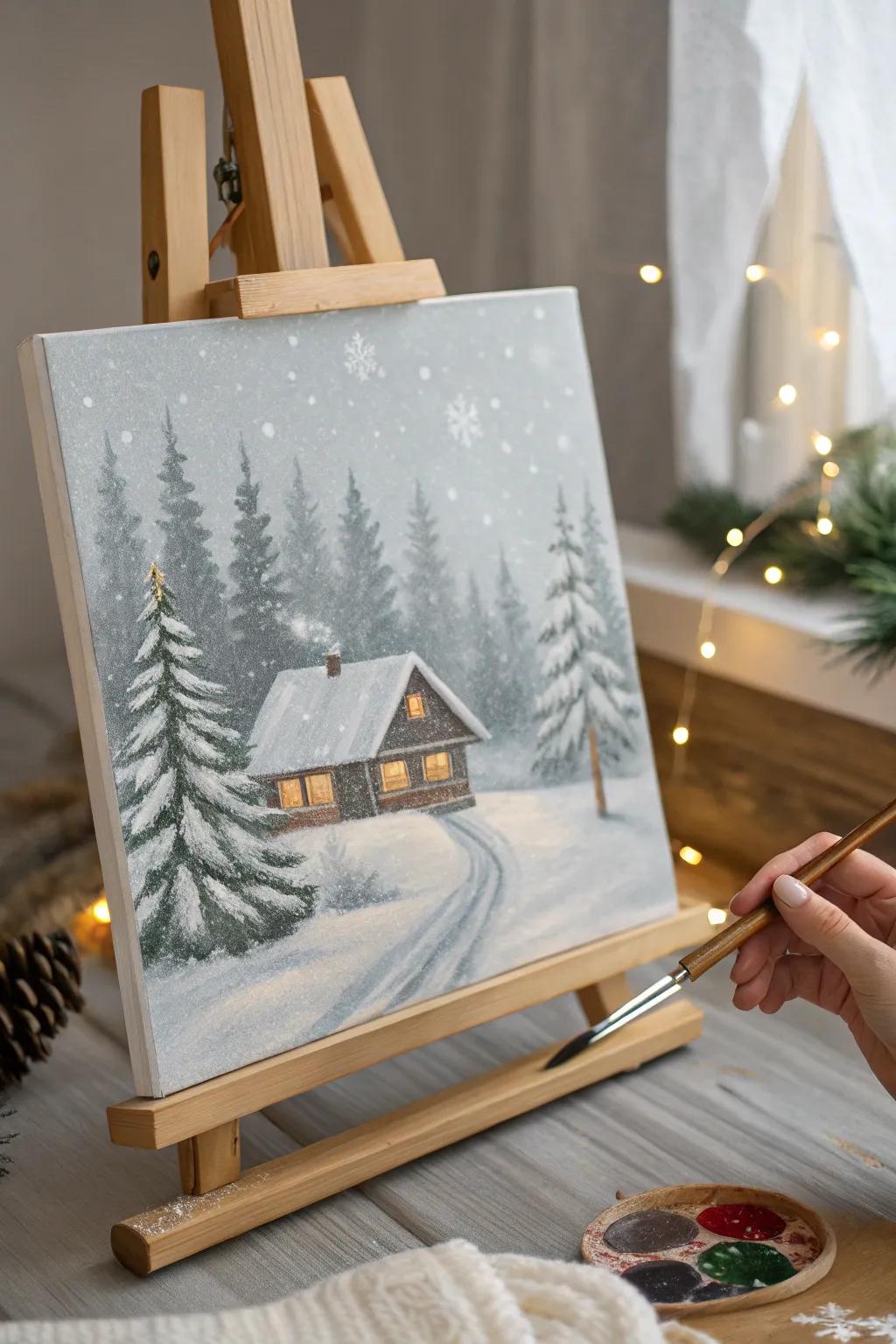Embrace the serene beauty of a festive winter wonderland with this simple yet enchanting painting idea.
