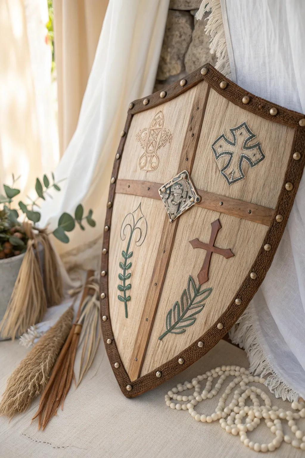 Embrace the strength and faith of the Armor of God with this beautifully handcrafted shield.