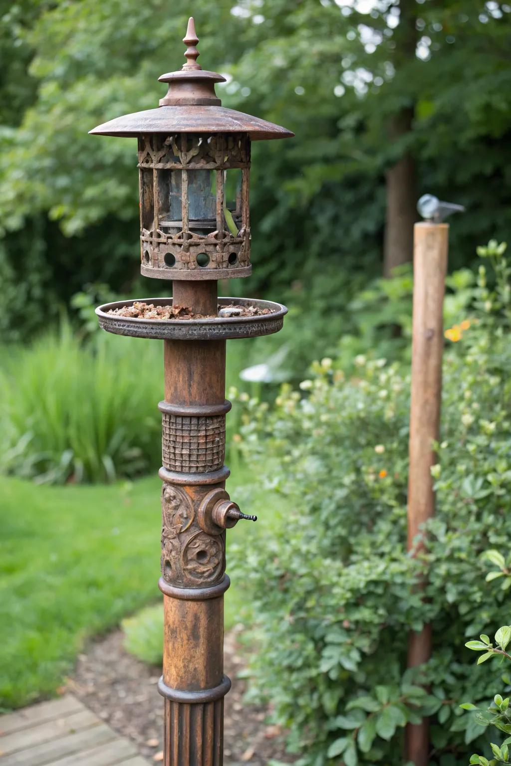 Elevate your garden's charm with this eco-friendly, upcycled bird feeder pole—where creativity meets craftsmanship.