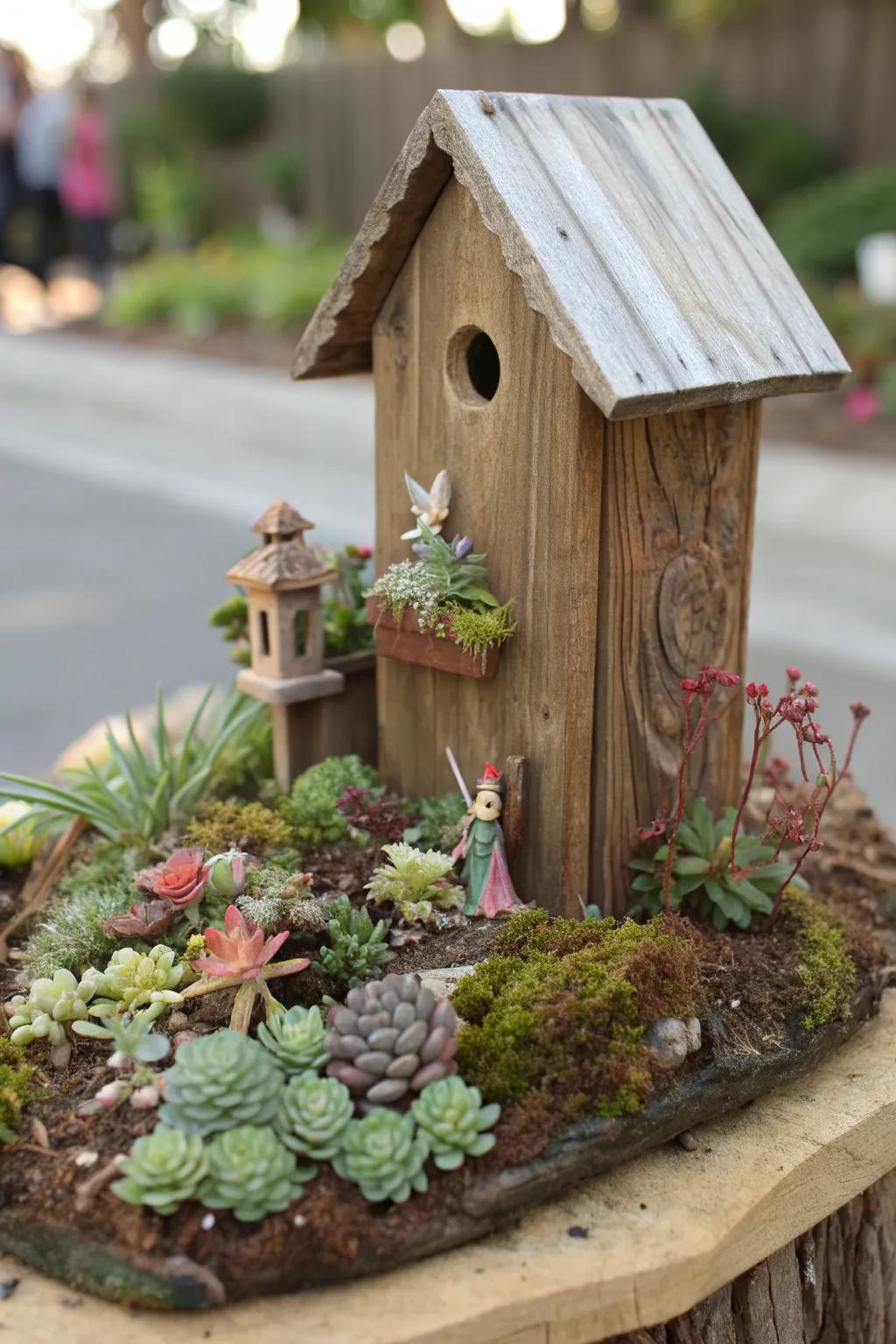 Whimsical Charm: A miniature garden masterpiece at the base of a handcrafted birdhouse post.
