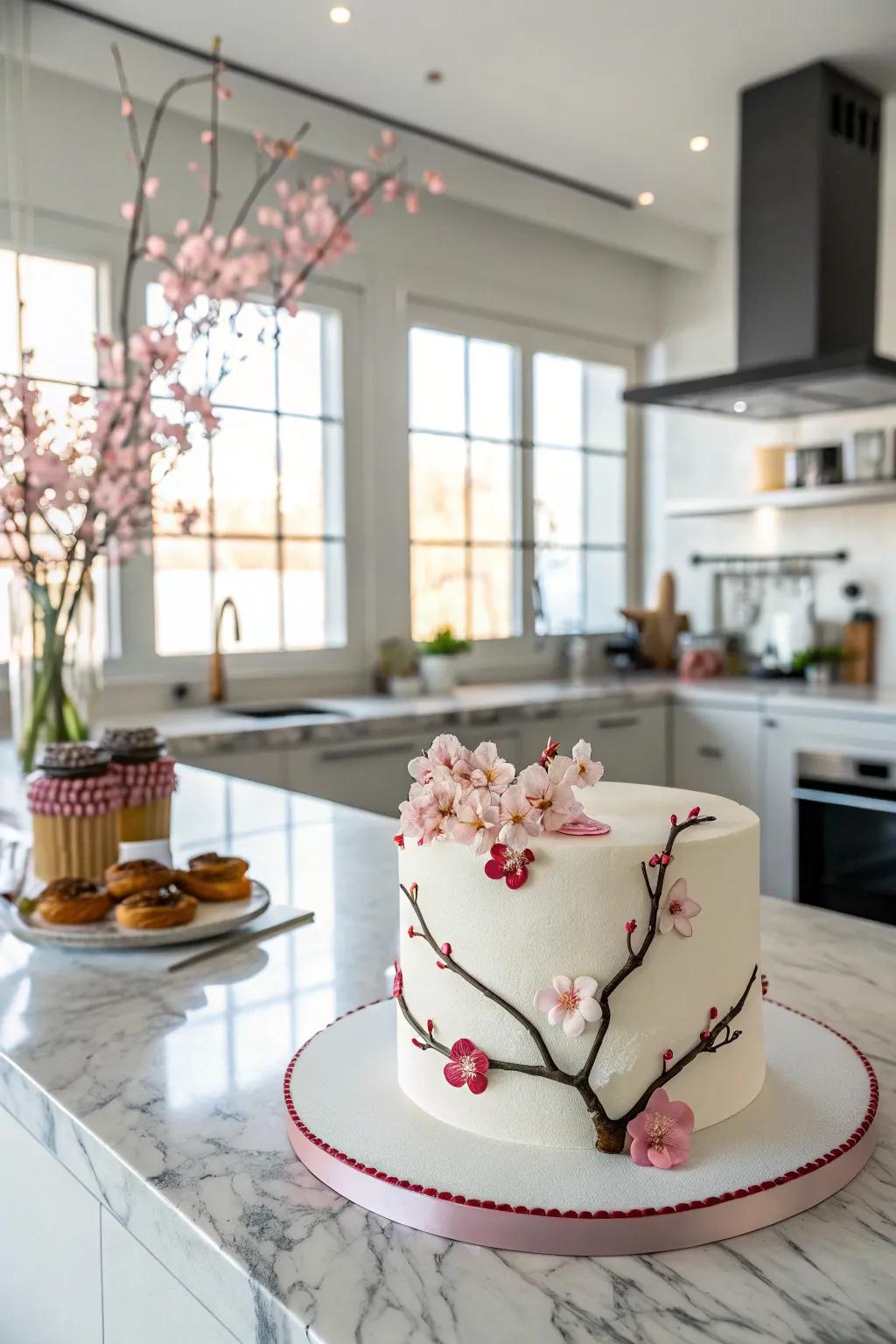 Modern minimalism meets elegance in this cherry blossom cake.