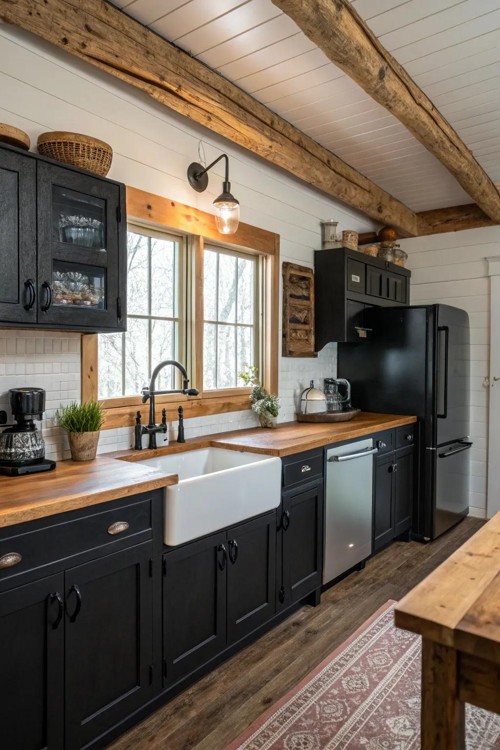 Black fixtures with rustic elements offer a modern twist.