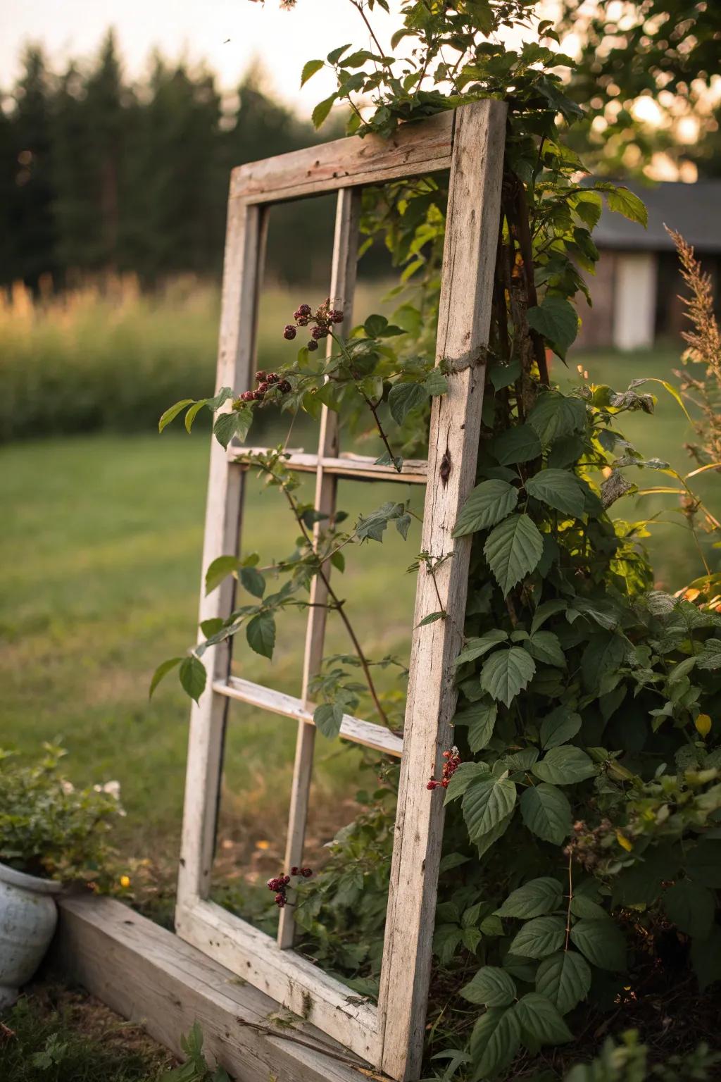 Embrace sustainable elegance with a reclaimed window frame trellis, where nature meets artistry.