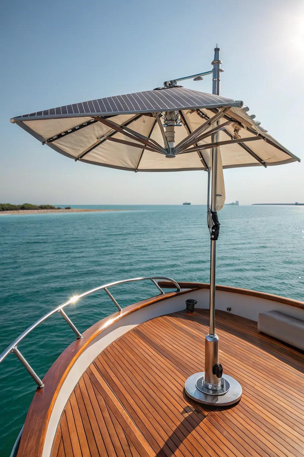 Harness the sun's power on the open sea with this solar-powered umbrella.