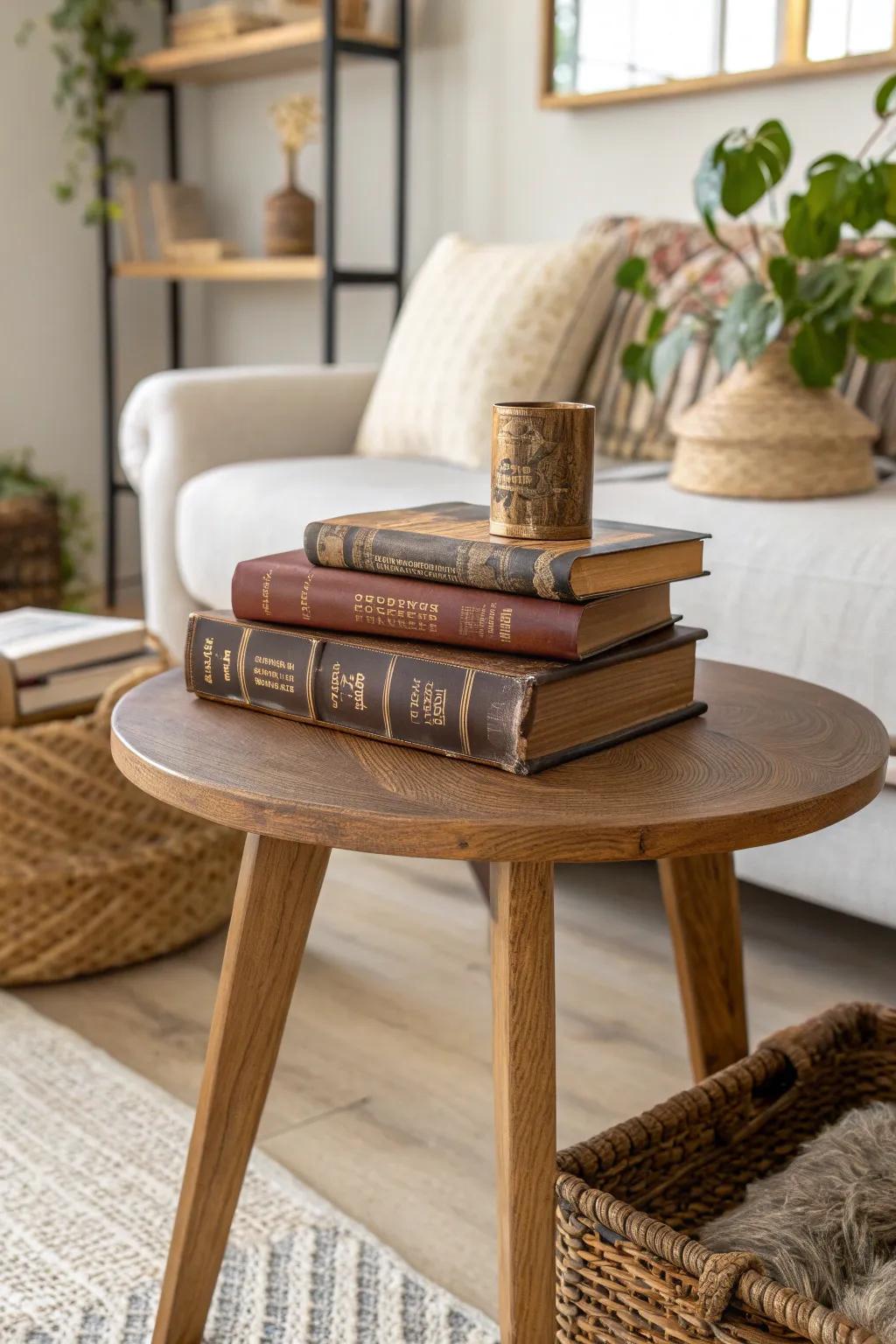 Transform your old books into a stunning side table and add a touch of charm to your living space. #UpcycledElegance #BookFurniture