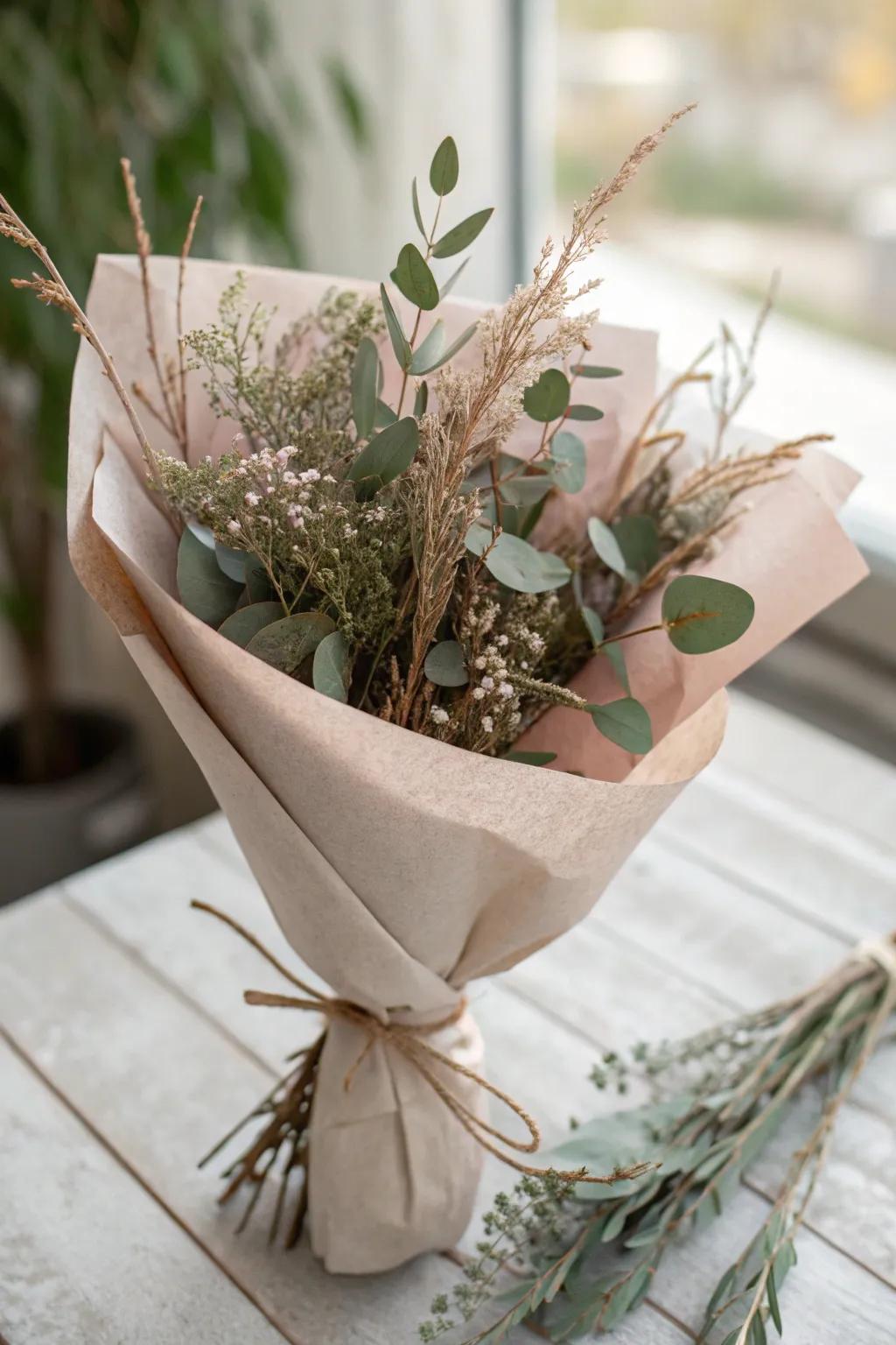 Embrace nature's simplicity with this elegantly wrapped bouquet, where twigs and leaves add a touch of earthy charm.