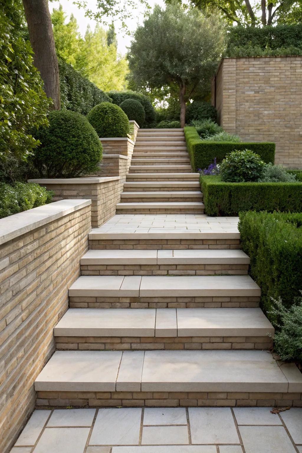 Elevate your garden with sleek, minimalist brick steps that define modern sophistication.