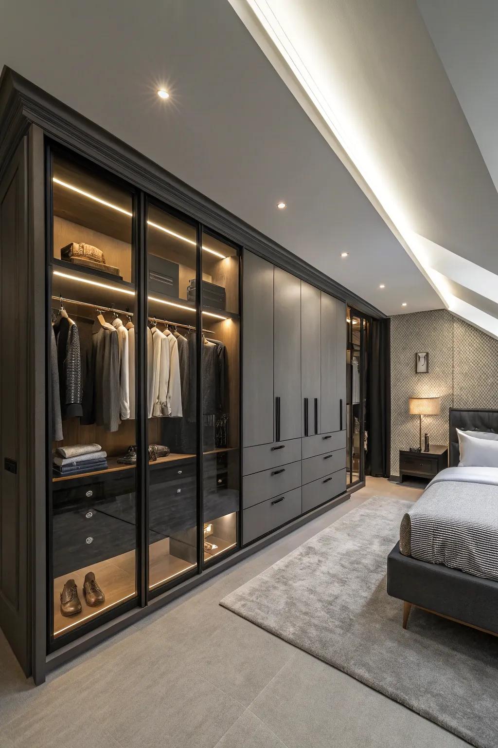 A ceiling-height wardrobe that makes a dramatic statement while maximizing storage.