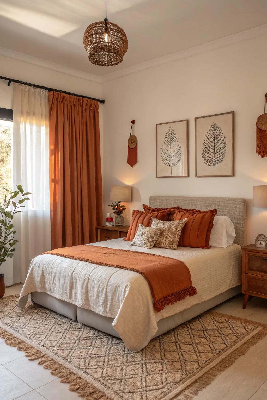 Burnt orange decorative accents add subtle color.