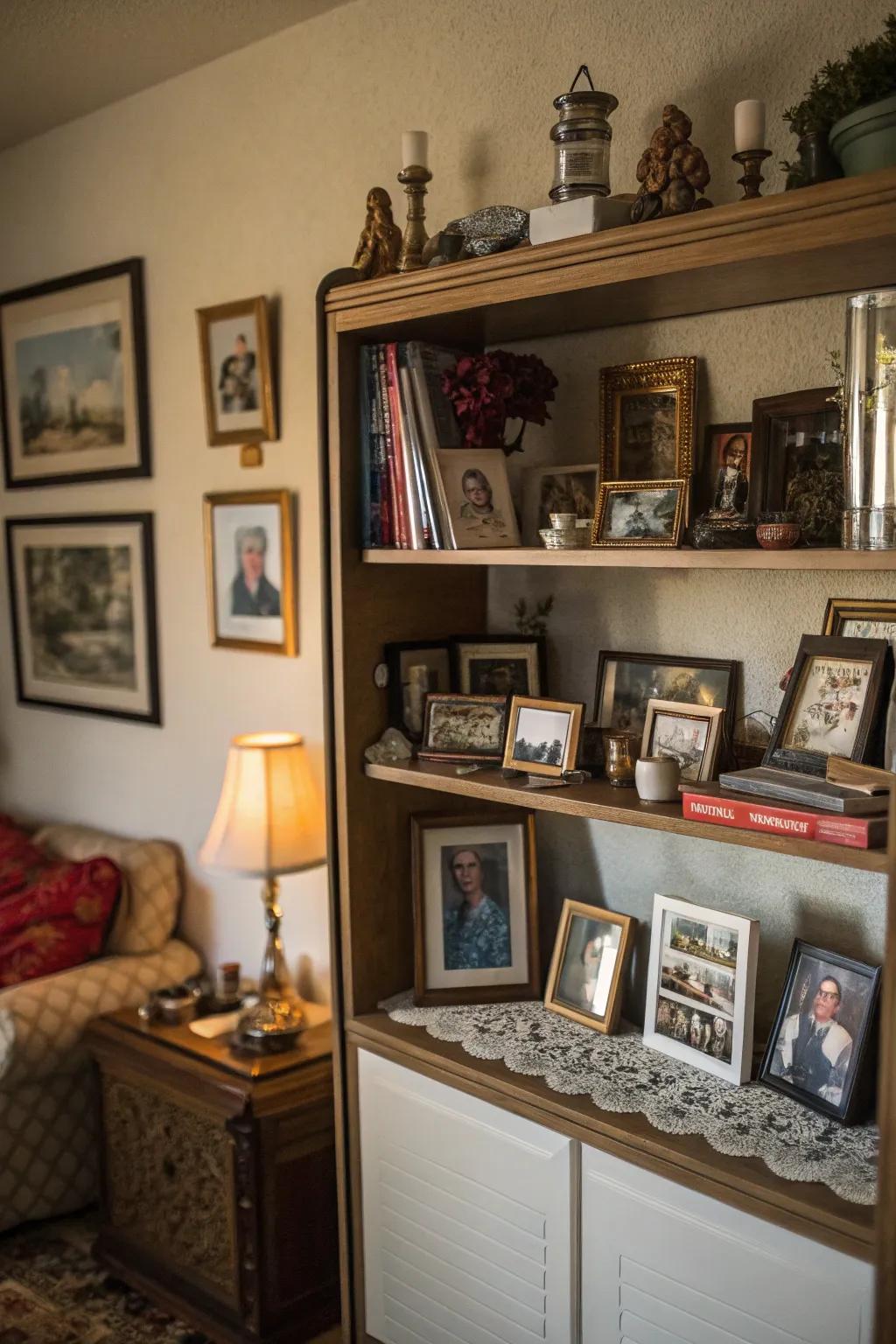 A shelf adorned with personal and meaningful items.