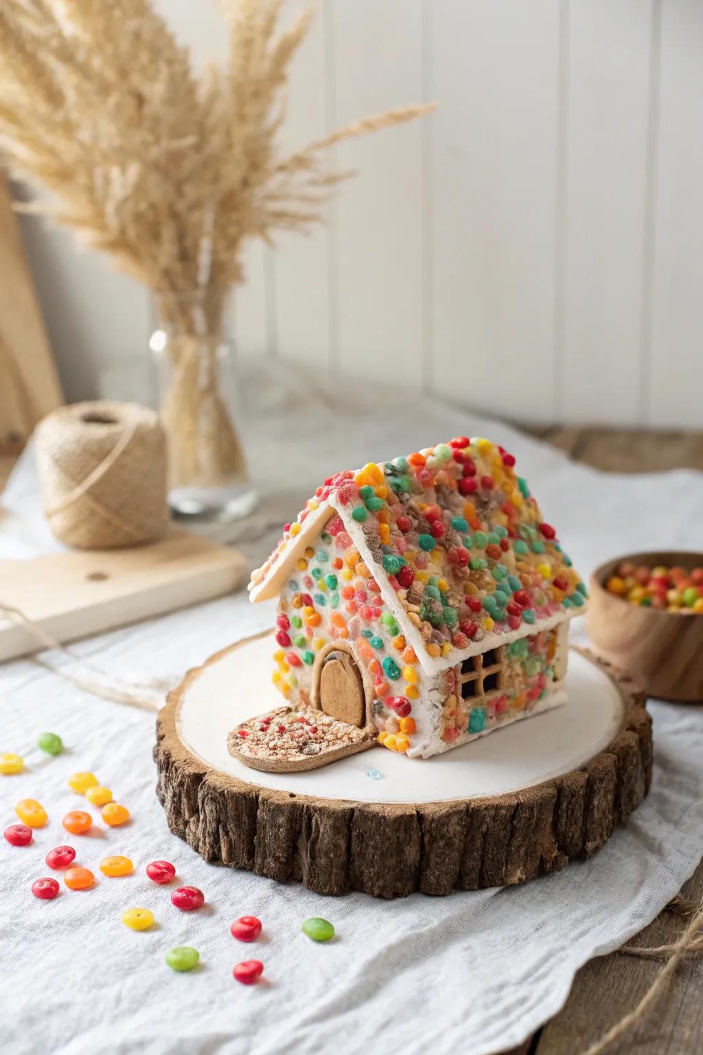 Experience a burst of color and creativity with this Fruity Pebble Fantasy candy house!