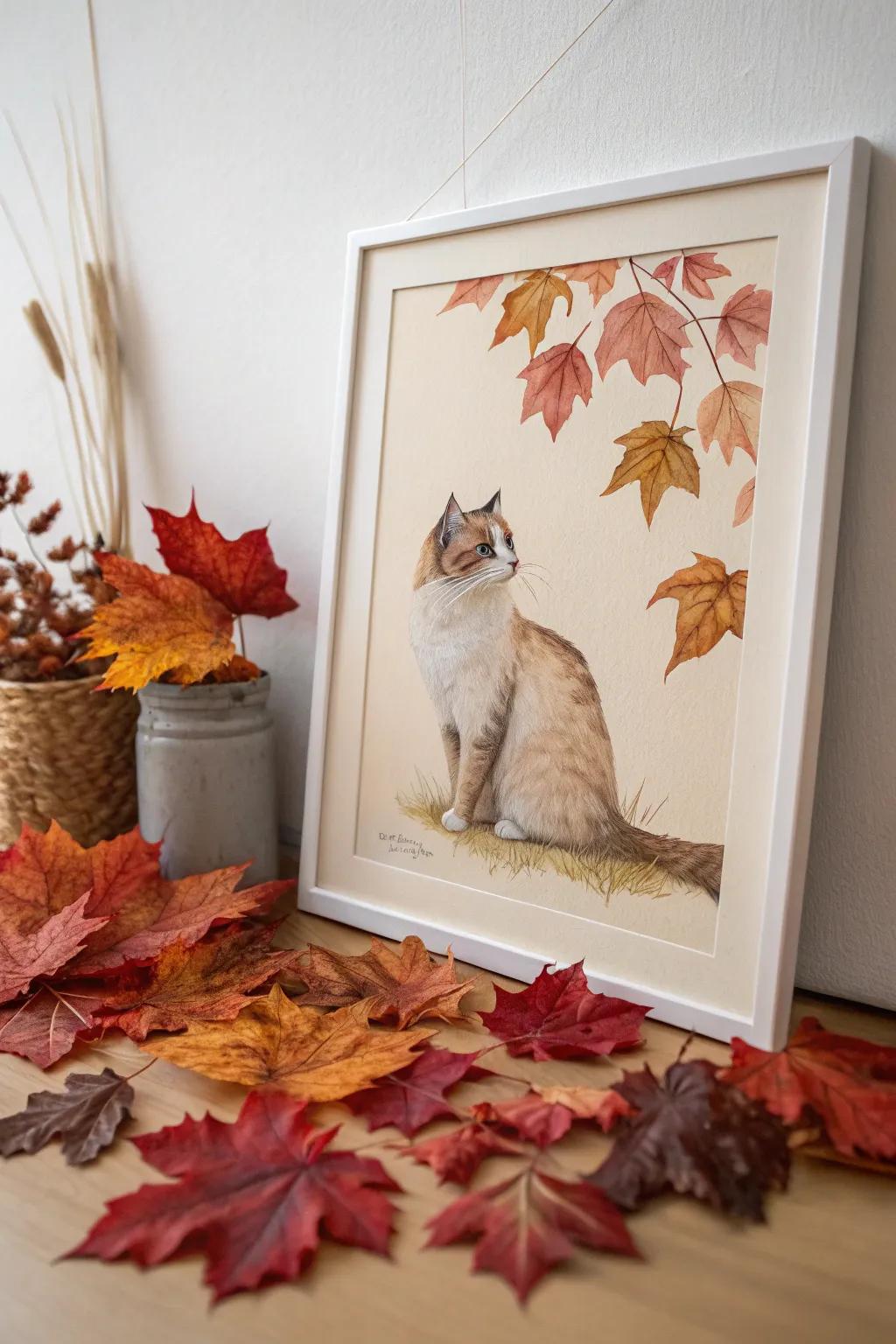 Capture the essence of autumn with this elegant cat painting, perfect for adding seasonal charm to your minimalist decor.