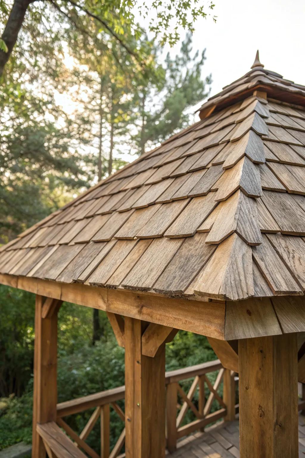 Embrace natural beauty with rustic wood shingles for your catio roof, blending elegance and craftsmanship.