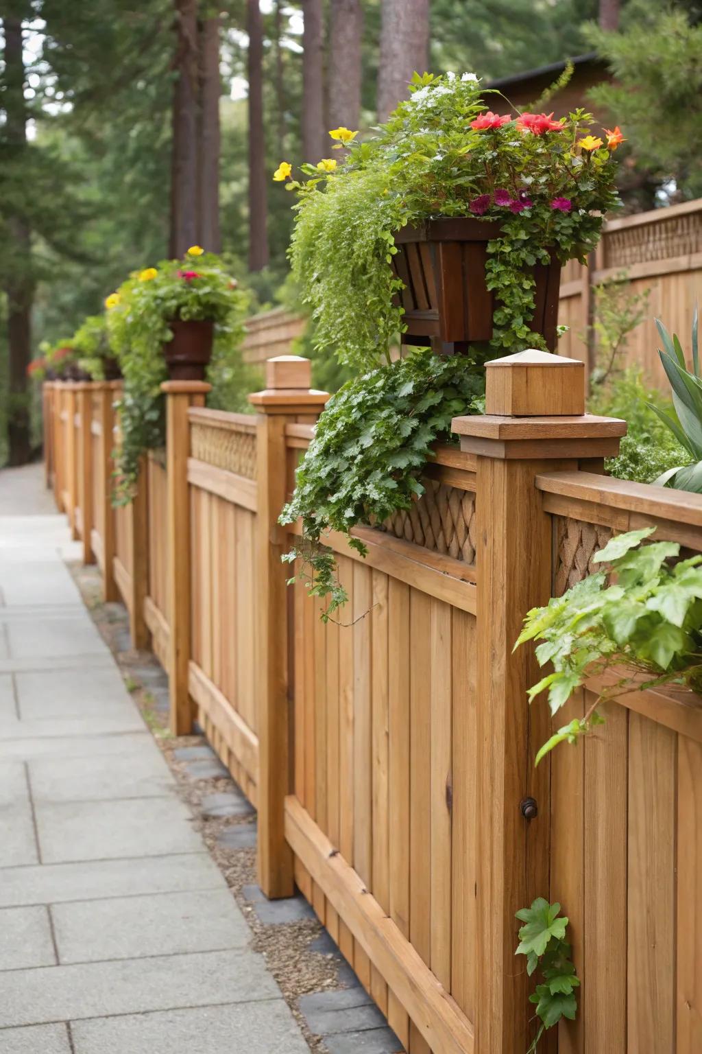 Elevate your outdoor space with this expertly crafted cedar fence featuring integrated planters—where functionality meets natural beauty.