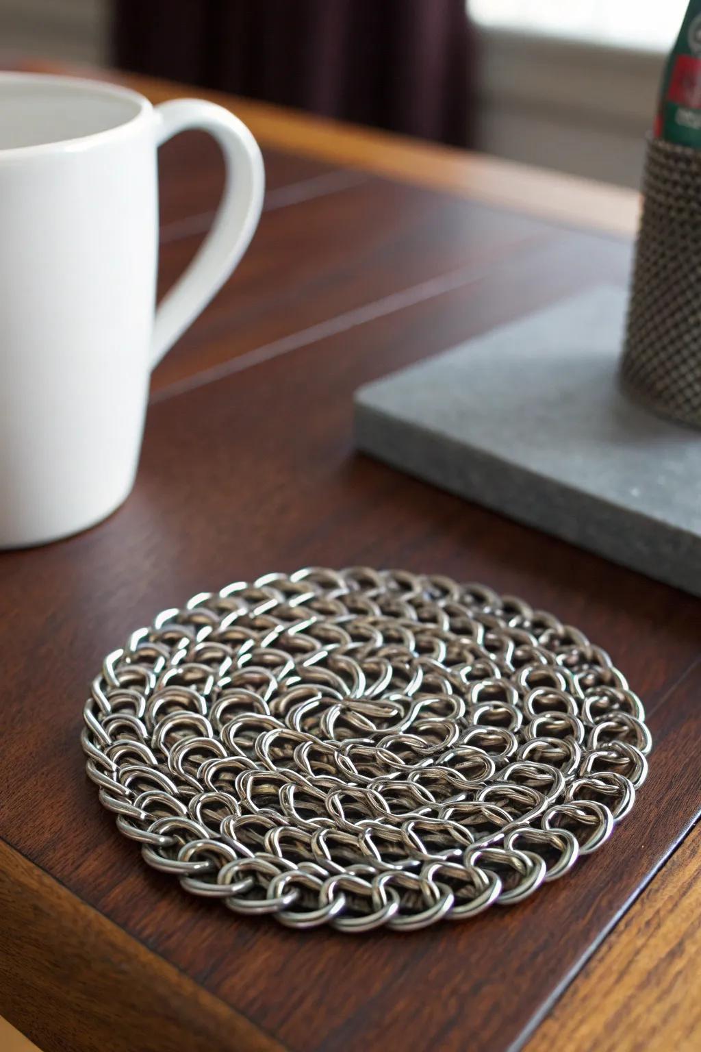 Elevate your coffee table with the timeless elegance of handcrafted chainmail coasters.
