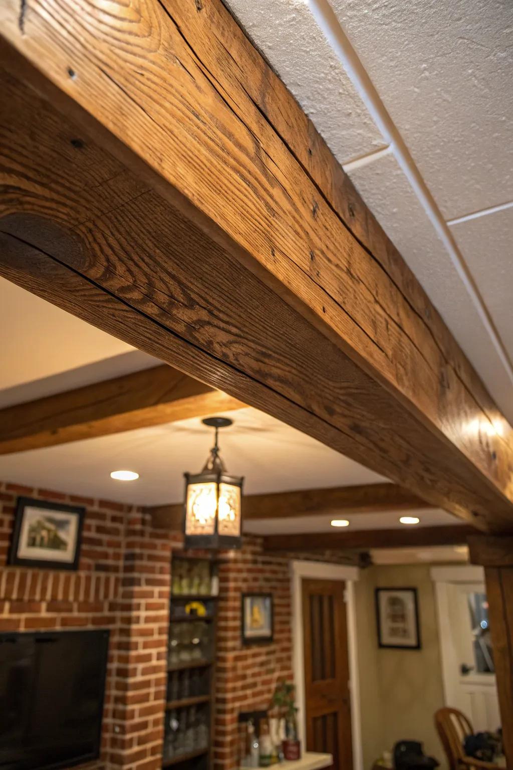 Elevate your basement's style with the timeless charm of faux wood beams.