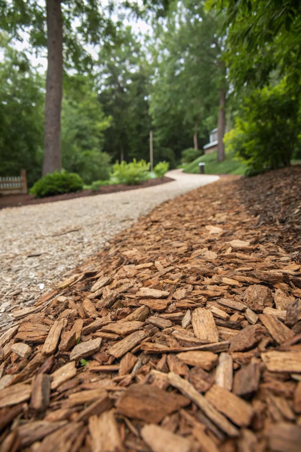 Transform your driveway with rustic charm: Explore the beauty of a wood chip path.
