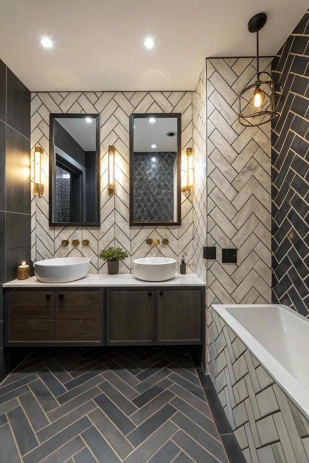Contrasting grout highlights the chevron pattern, adding depth and definition to this elegant bathroom.