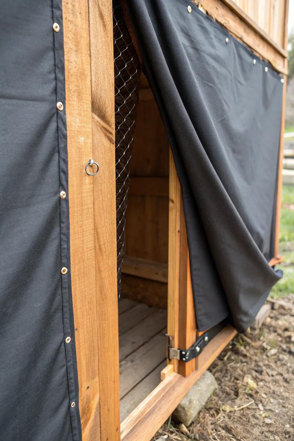 Discover the perfect blend of durability and warmth with this weather-proof curtain door for your chicken coop.