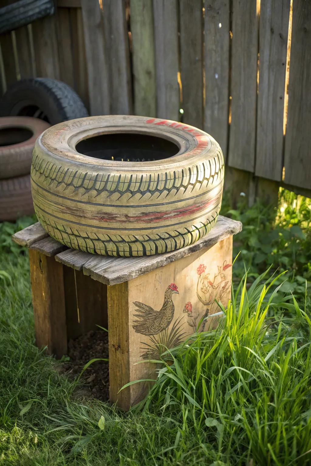 Transform old tires into eye-catching roosts for your feathered friends.