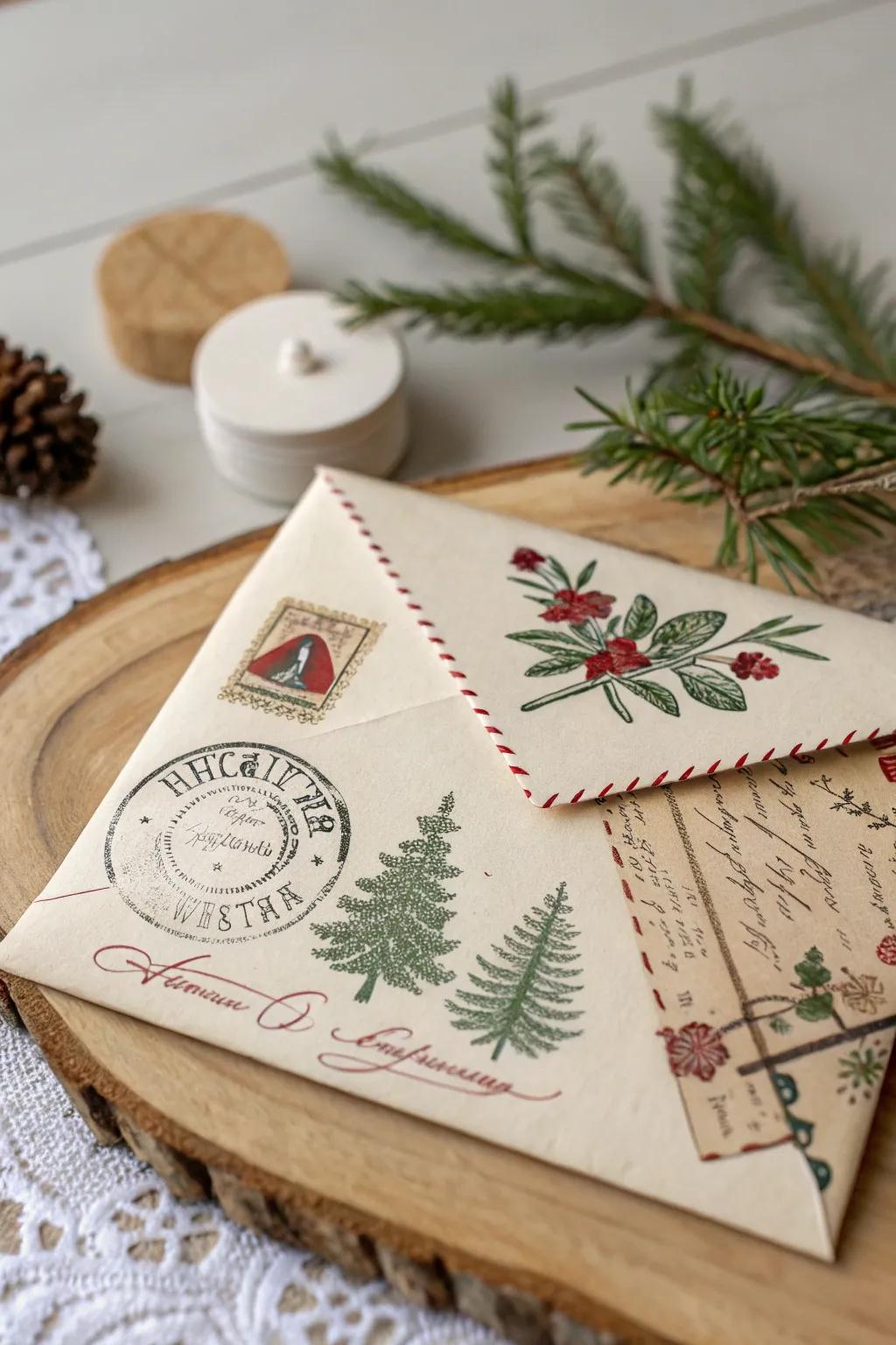 Step back in time with a festive vintage postcard envelope, where holiday stamps tell a story of yesteryears.