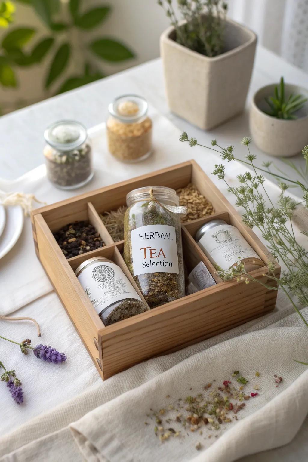 Gift the essence of calm with a curated herbal tea selection, beautifully presented in a handcrafted box.