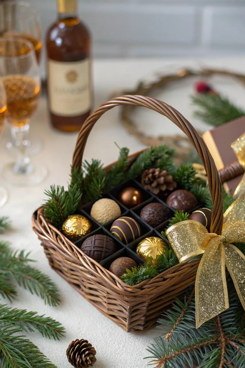 A cognac and chocolate basket exuding chic indulgence.