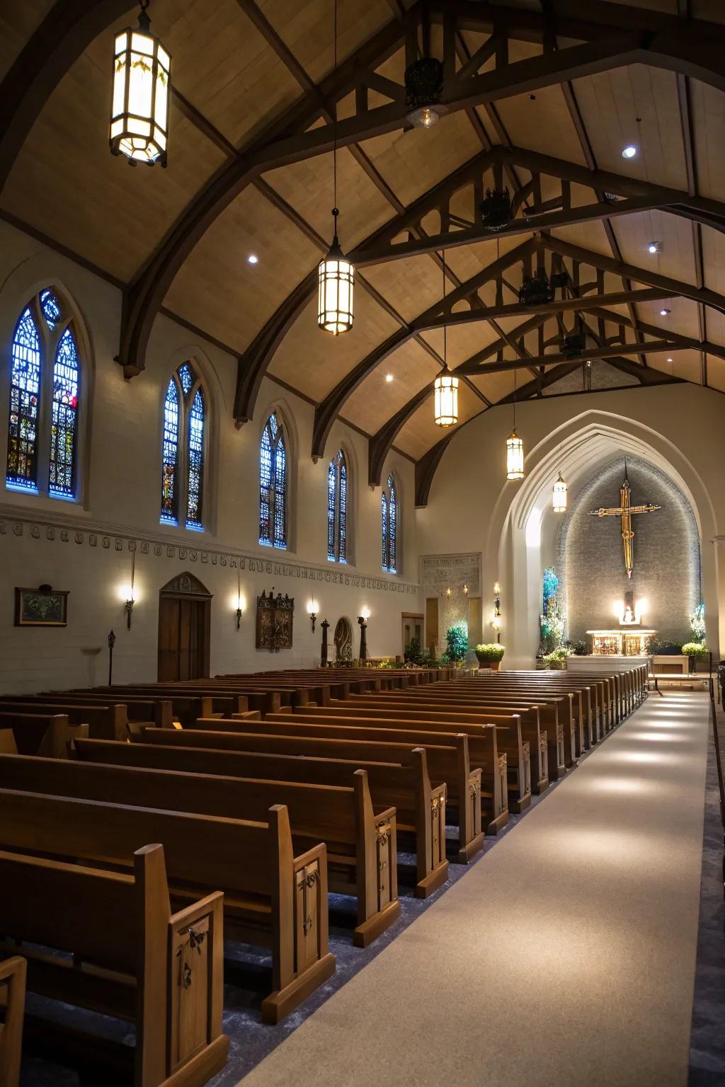 Subtle under pew lighting adds a modern touch.