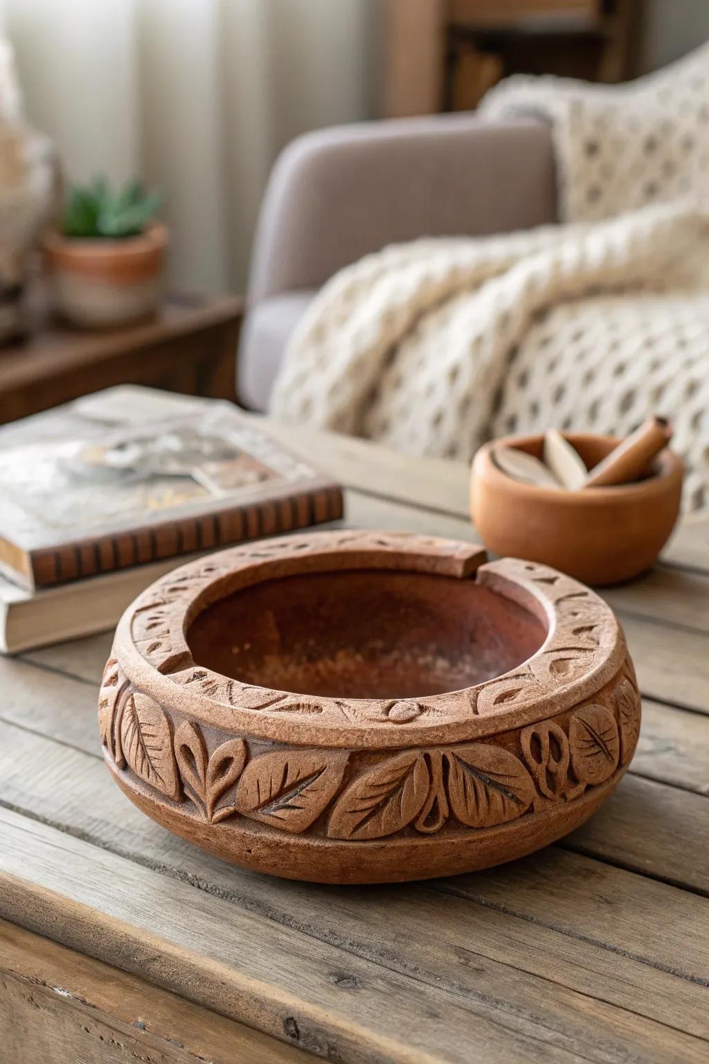 Embrace the warmth of rustic charm with this handcrafted clay ashtray, perfect for adding a touch of coziness to your space.
