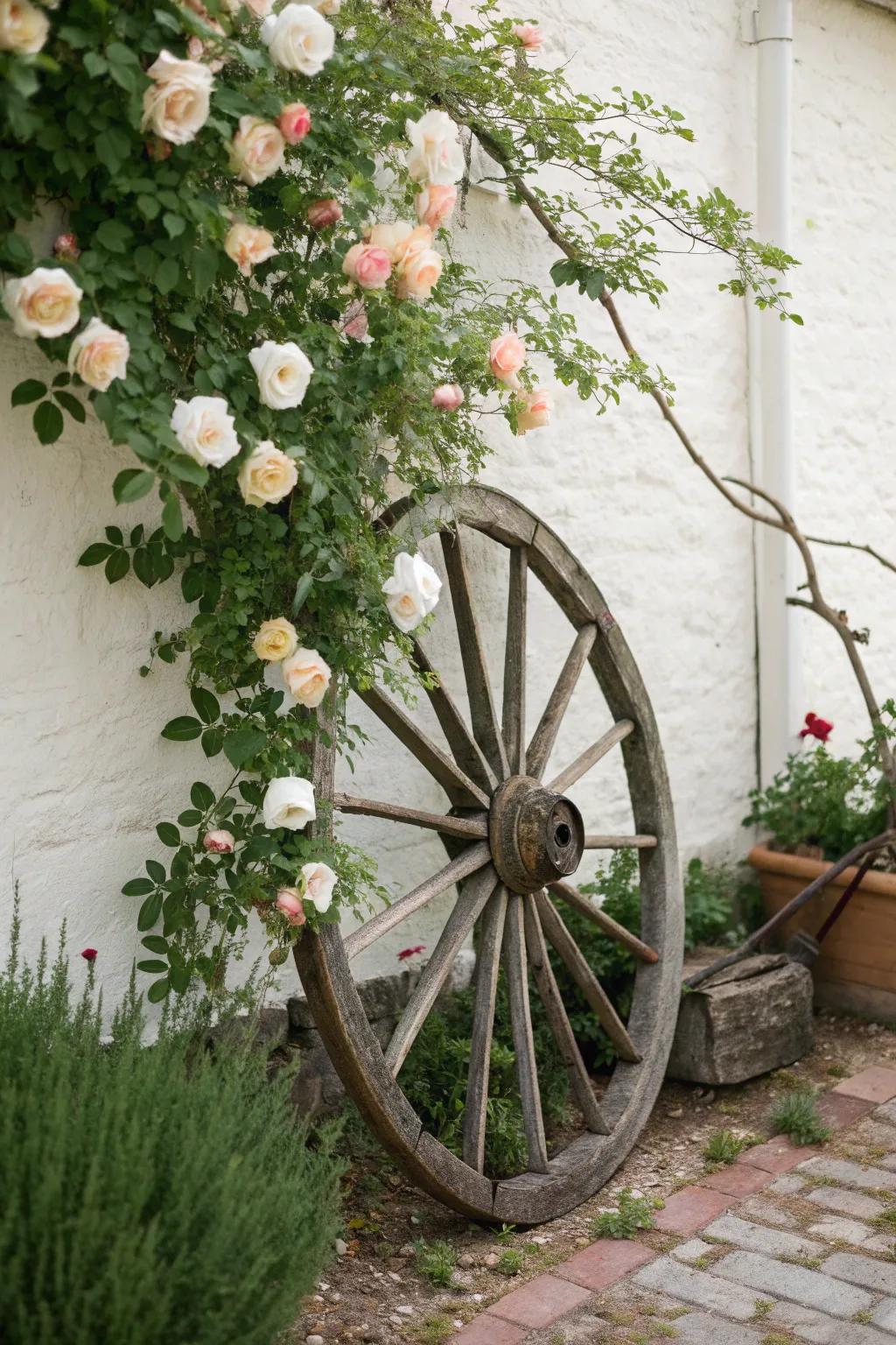 Transform your garden into a rustic paradise with a charming wagon wheel rose support.