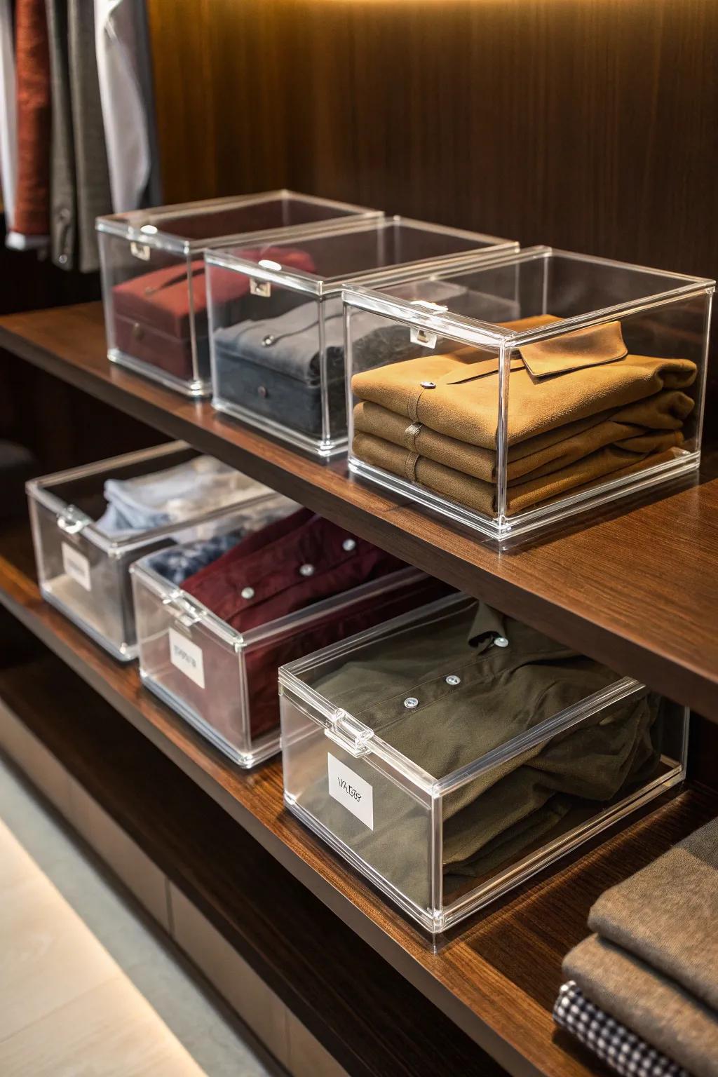 Elevate your closet with transparent storage solutions that blend visibility with craftsmanship.