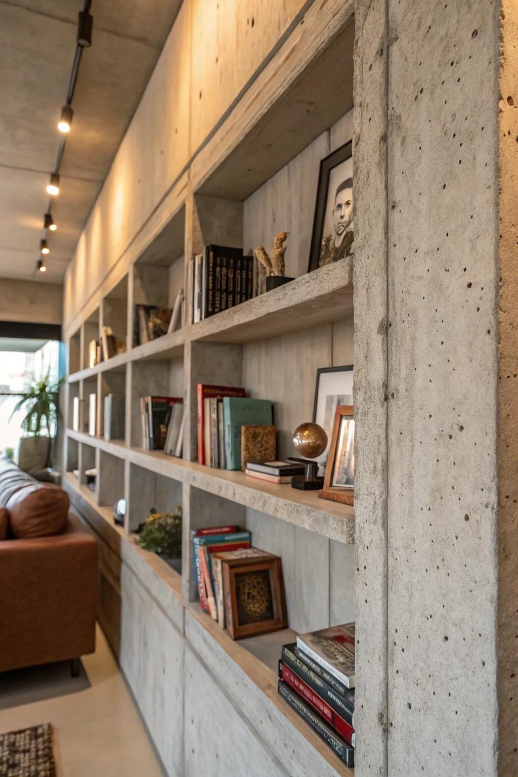 Built-in shelves offer creative storage solutions on concrete walls.