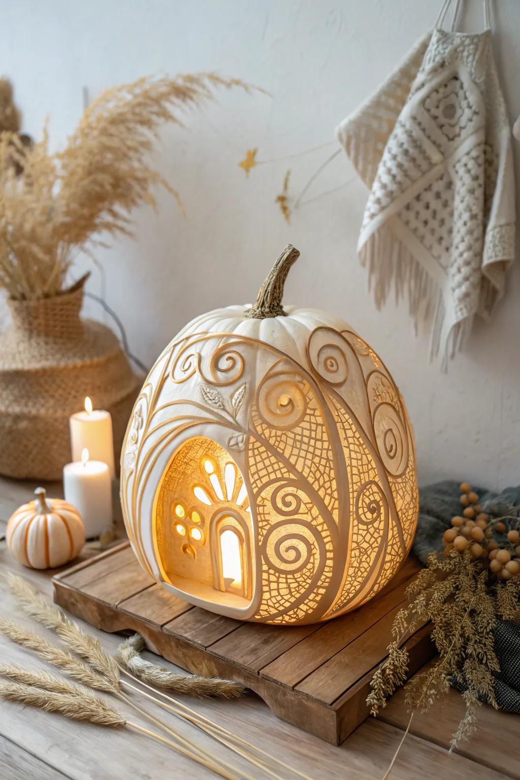 Discover the enchanting secrets of the other world with this intricately carved Coraline-inspired pumpkin. 🎃✨ #PumpkinArt #ScandiBohoStyle