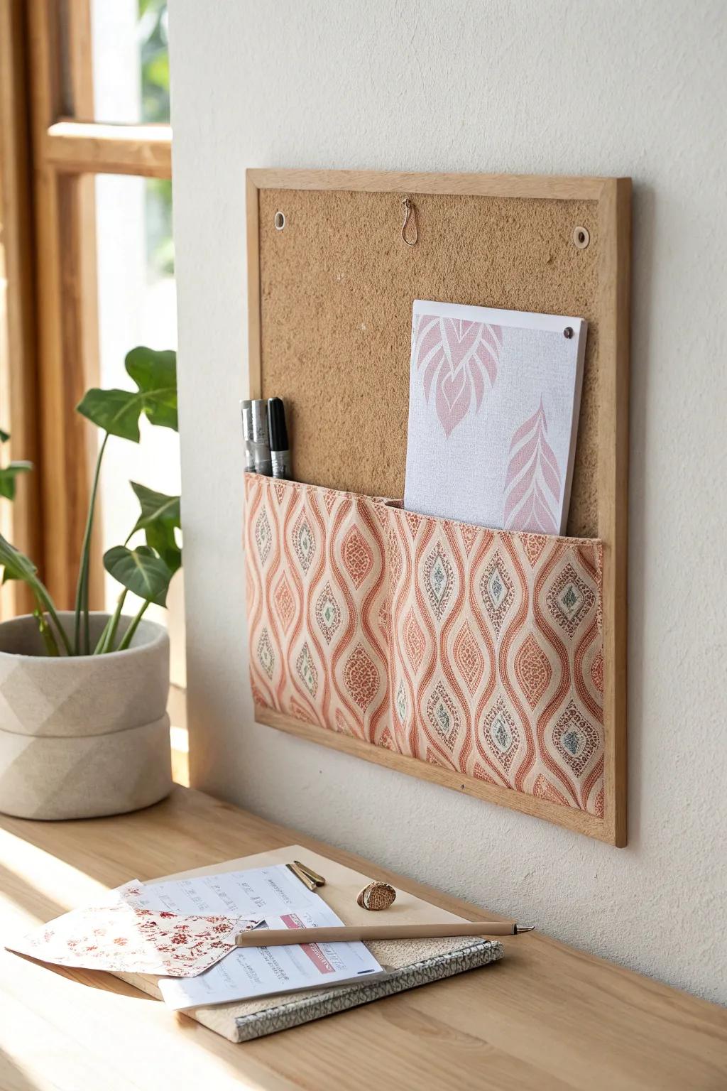 Elevate your organization game with stylish fabric pockets on a minimalist cork board. Perfect for pens and notes!
