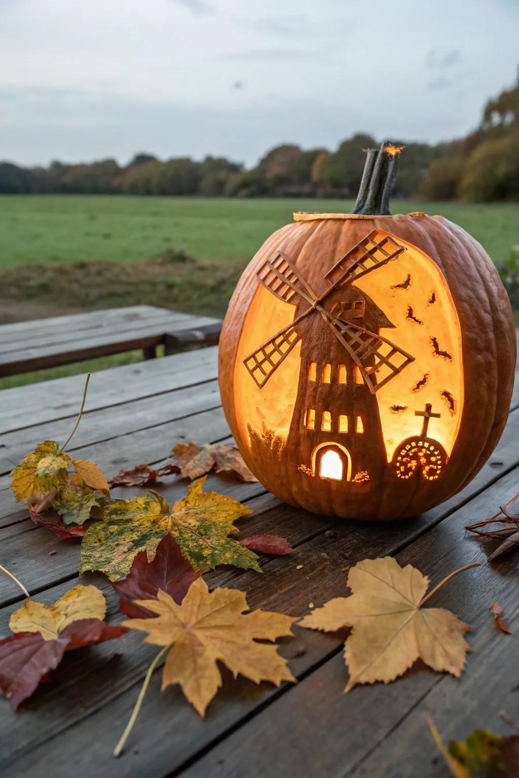 Embrace the autumn breeze with a stunning windmill-carved pumpkin, a masterpiece of simplicity and artistry.