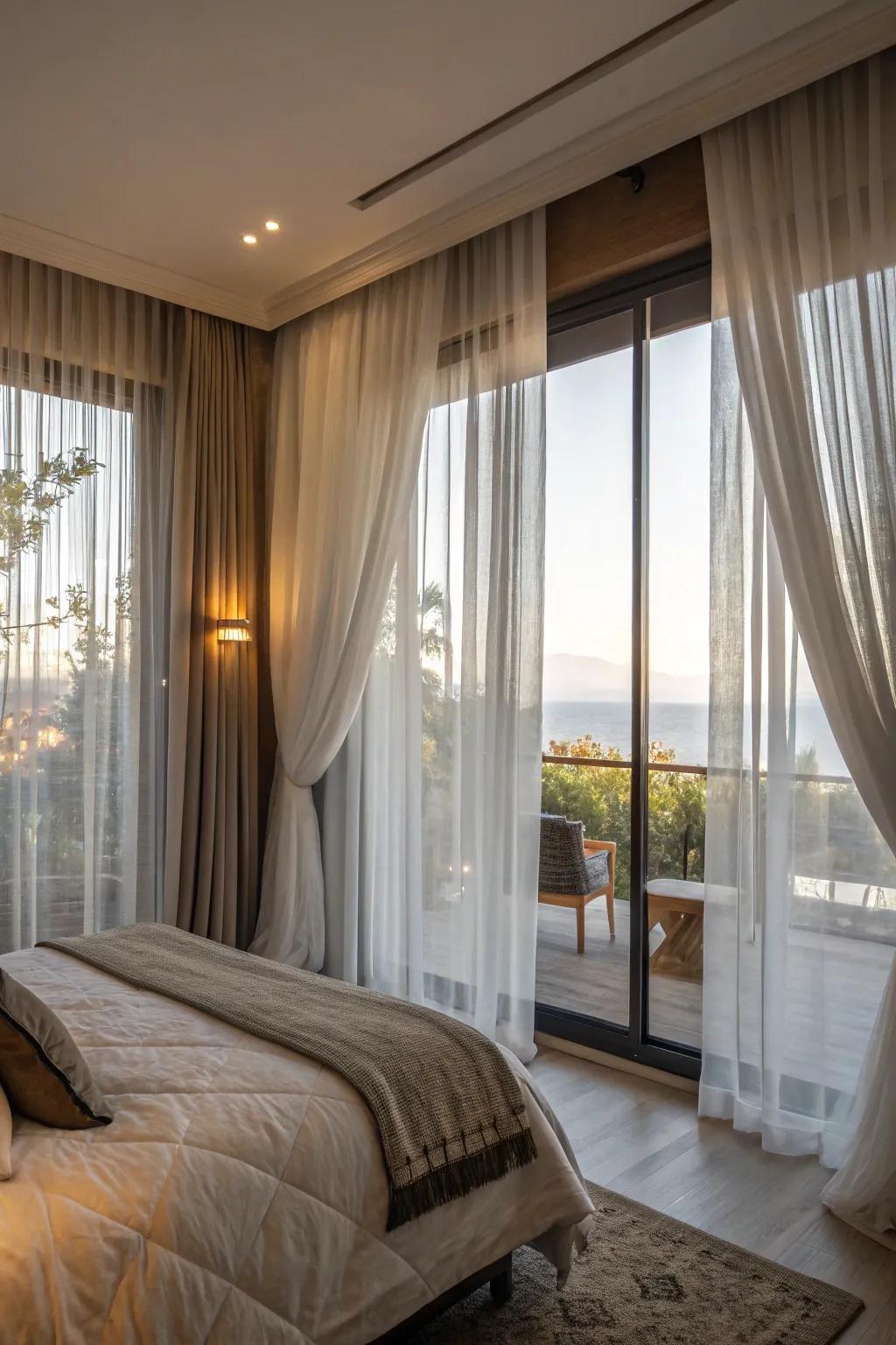 Layered curtains combine style and functionality.
