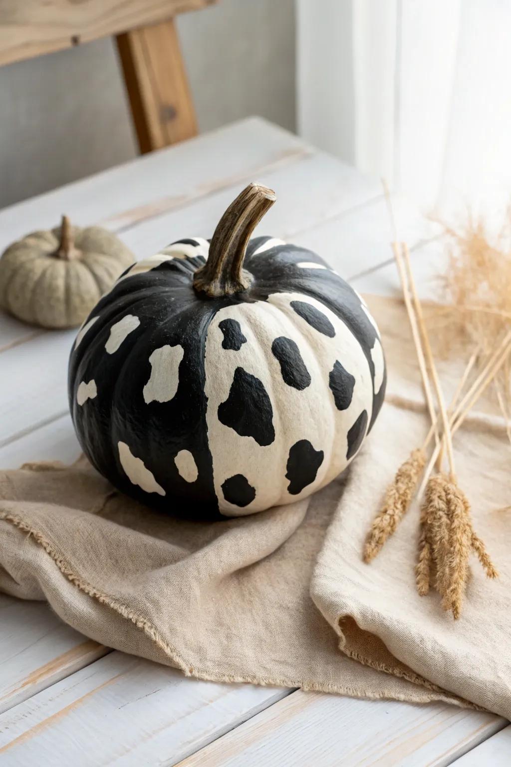 Elevate your autumn decor with this chic reverse cow pattern pumpkin. Bold, minimalist, and effortlessly stylish!