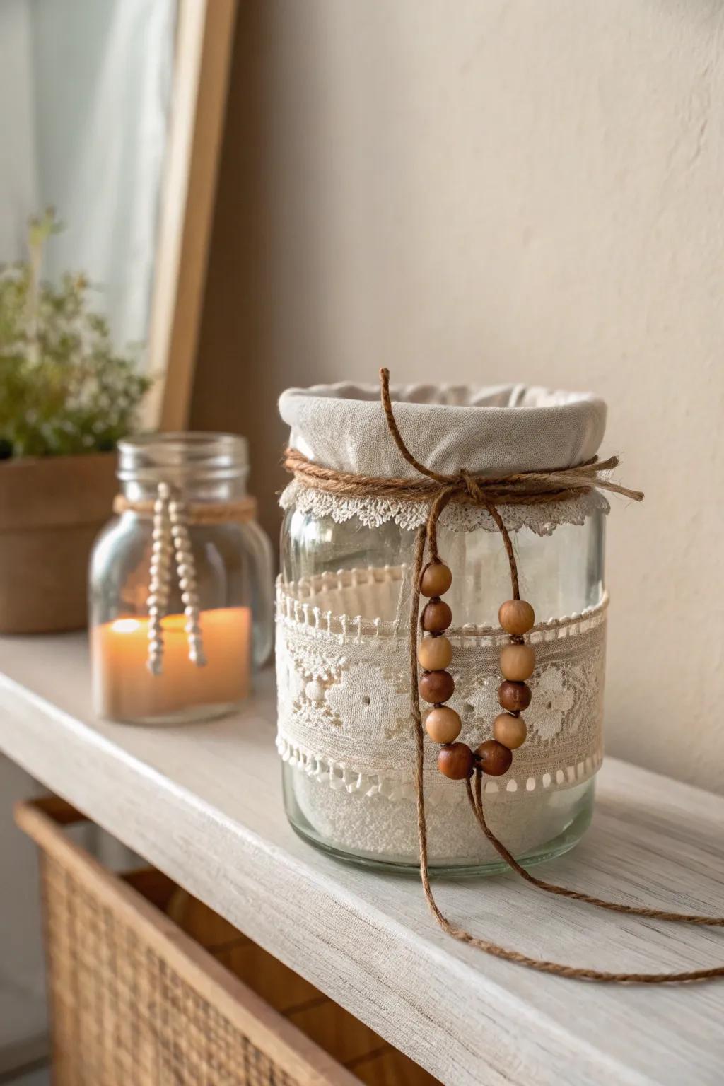 Transform your old jars into chic storage solutions with a touch of boho flair.