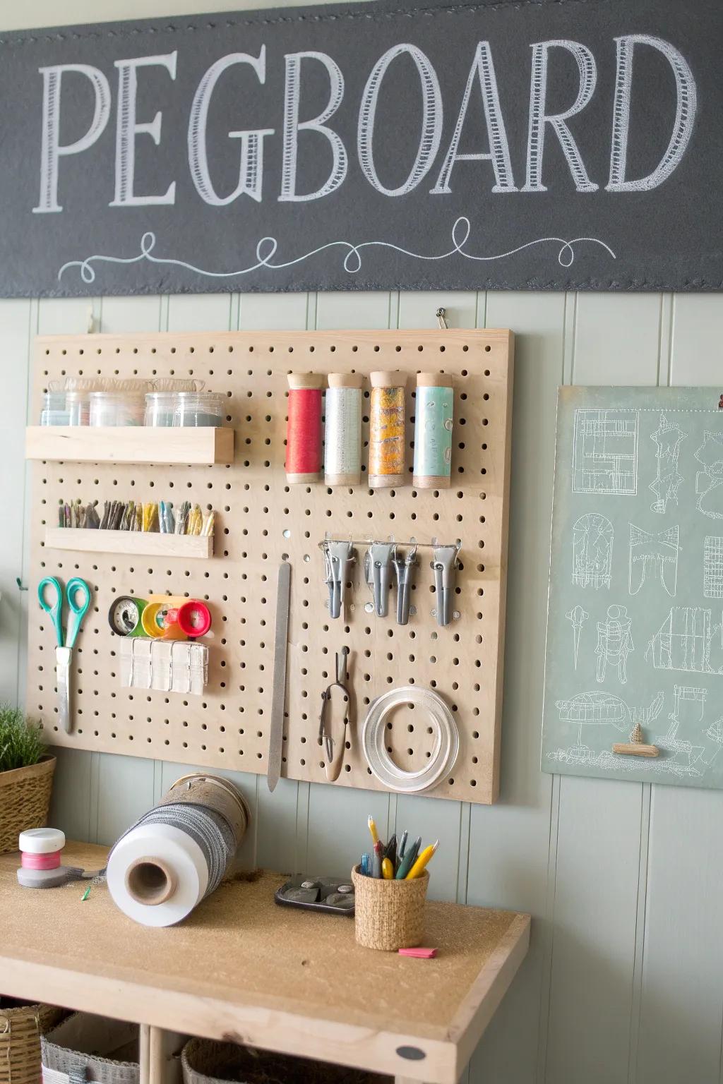 Transform your craft room with a chalkboard pegboard for endless inspiration and creativity.