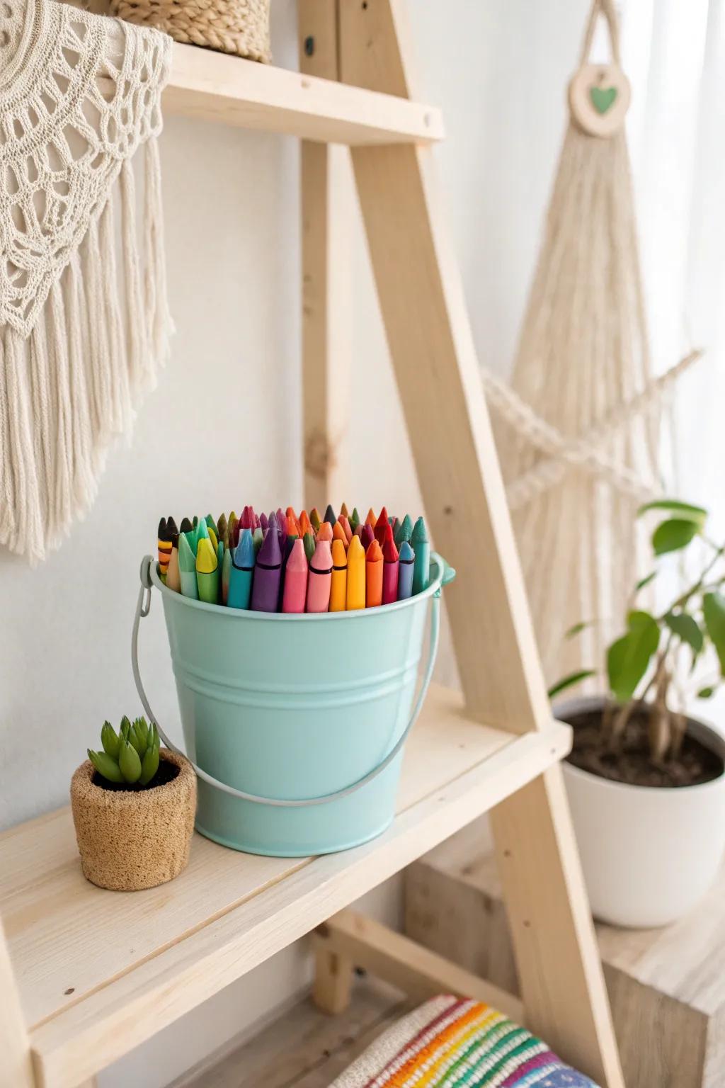 Organize with style: Bright beach buckets bring playful charm to crayon storage.