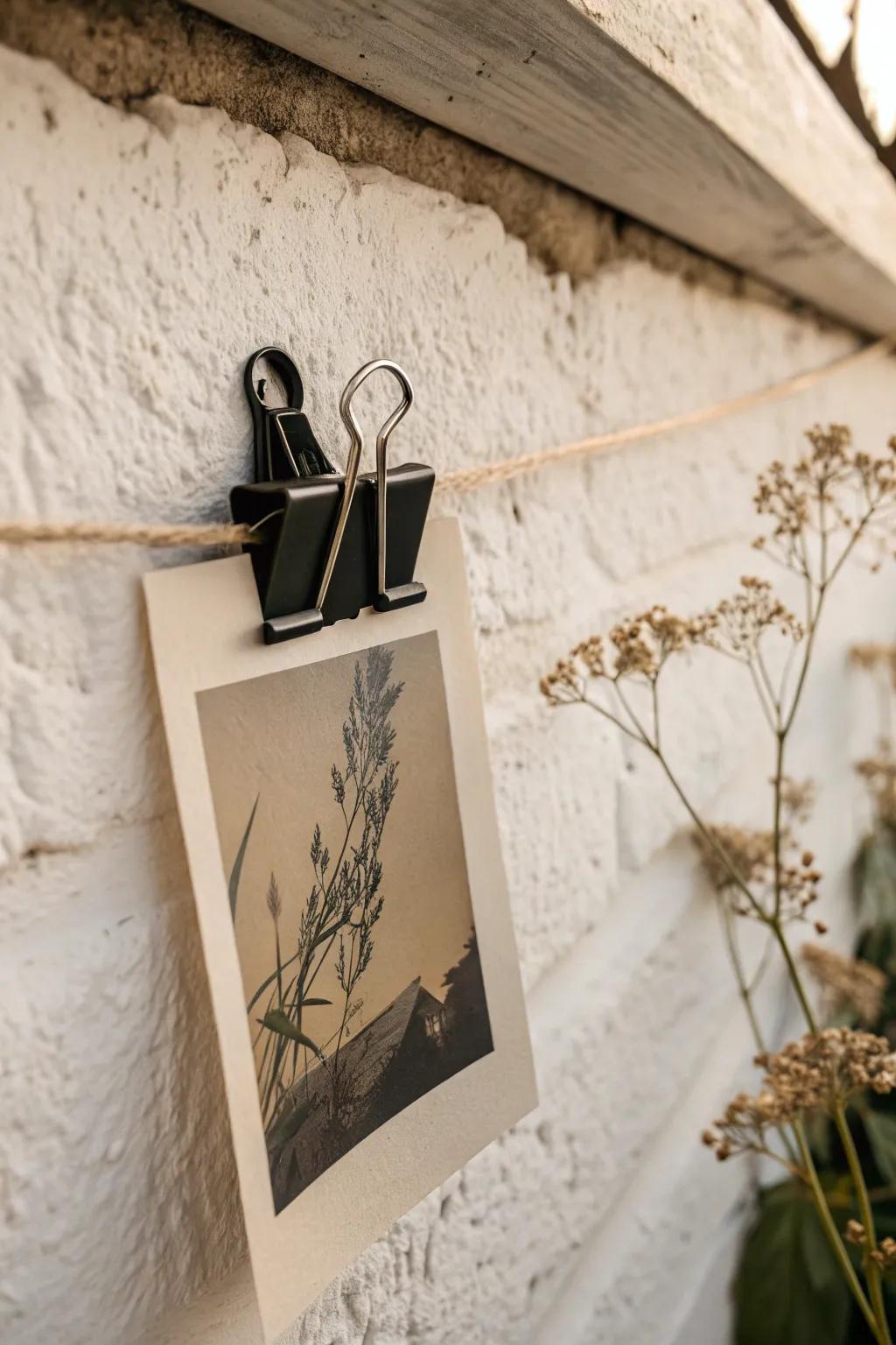 Elevate your photo display with minimalist charm: binder clips as artful anchors.