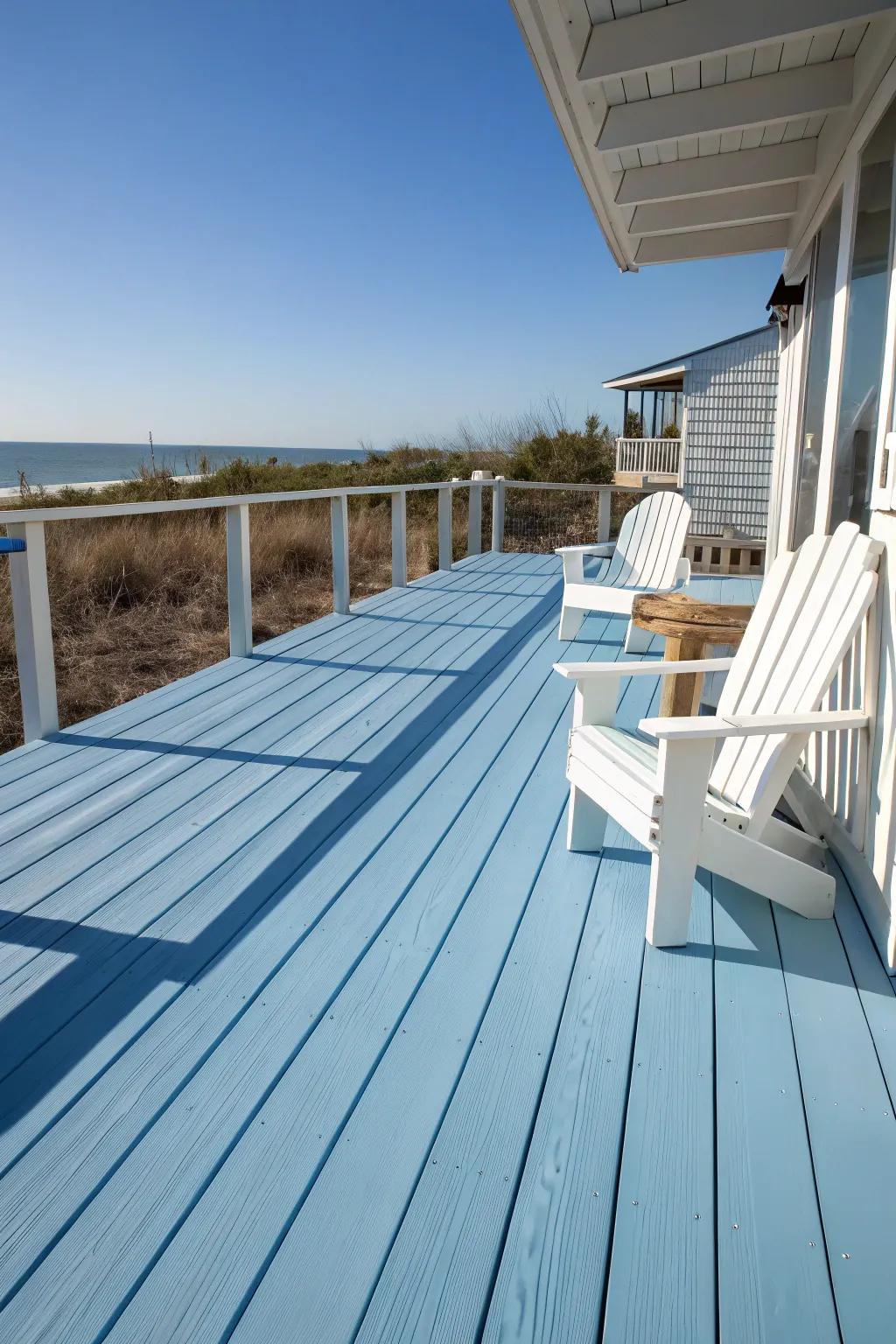 Transform your outdoor space with a coastal-inspired soft blue deck stain, where craftsmanship meets tranquility.