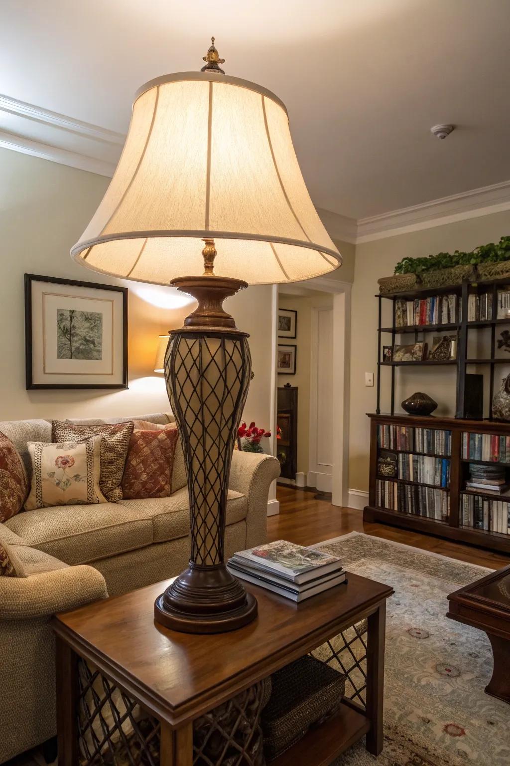 An oversized lamp serves as a striking focal point.